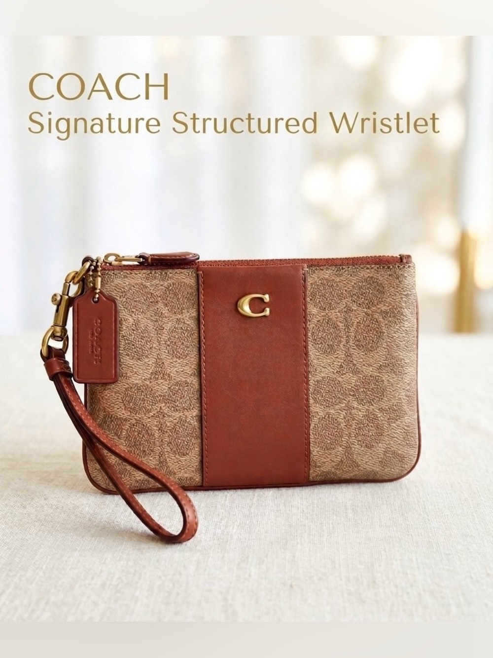 Coach Wristlet Signature Canvas Leather Stripe C2592 Redwood Brown & Khaki NWOT